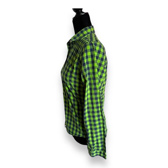 Hollister Womens Blouse Sz M Lime Green Blue Check Long Sleeve Button Up Cotton - Picture 7 of 9